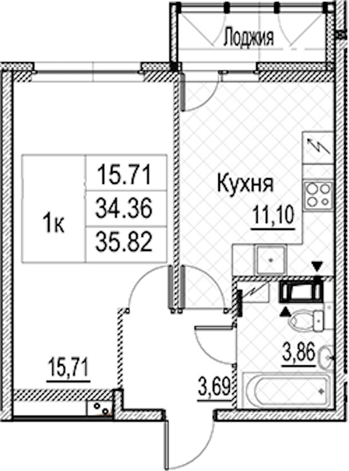 1-комнатная квартира 35.82 м², 10/15 эт., ЖК «Лайнеръ»