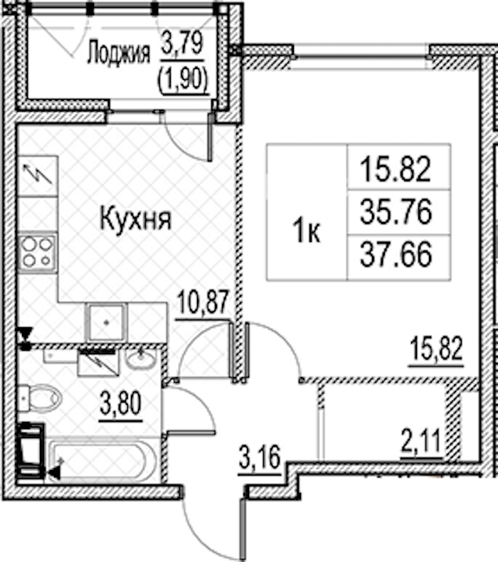1-комнатная квартира 37.66 м², 11/15 эт., ЖК «Лайнеръ»