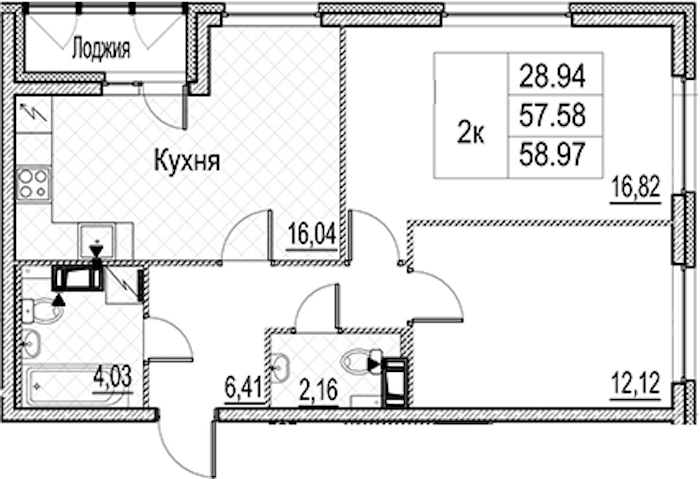 2-комнатная квартира 58.97 м², 11/15 эт., ЖК «Лайнеръ»