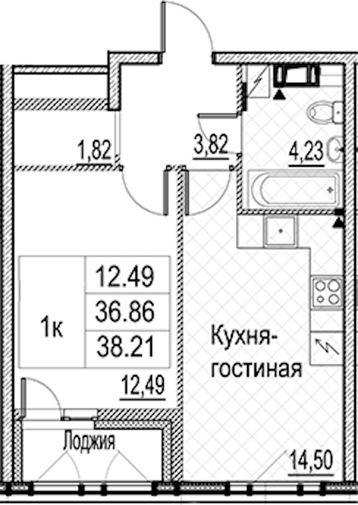 1-комнатная квартира 38.21 м², 11/15 эт., ЖК «Лайнеръ»