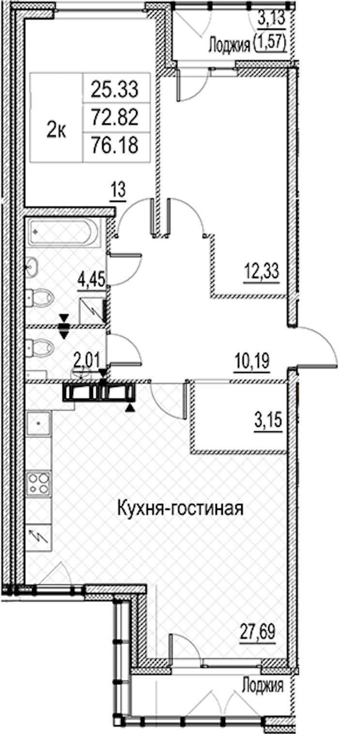 2-комнатная квартира 76.18 м², 11/15 эт., ЖК «Лайнеръ»