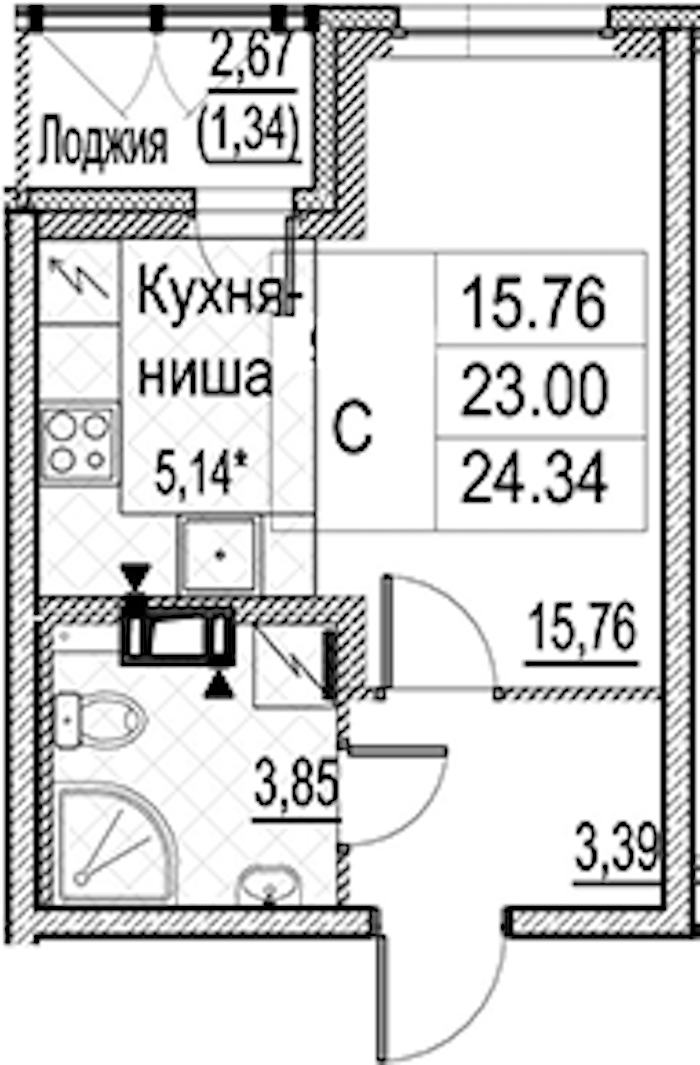 Квартира студия 24.34 м², 11/15 эт., ЖК «Лайнеръ»