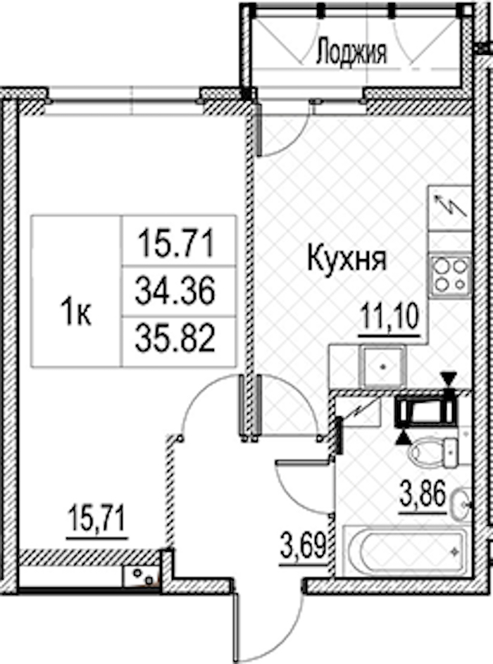 1-комнатная квартира 35.82 м², 11/15 эт., ЖК «Лайнеръ»