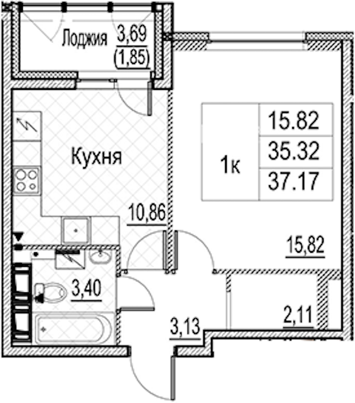 1-комнатная квартира 37.17 м², 12/15 эт., ЖК «Лайнеръ»