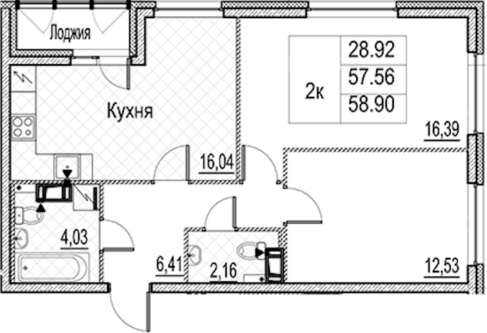 2-комнатная квартира 58.9 м², 12/15 эт., ЖК «Лайнеръ»