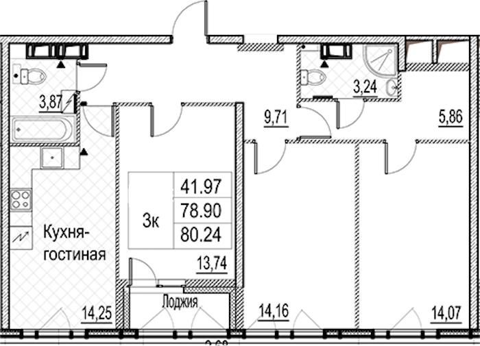 3-комнатная квартира 80.24 м², 12/15 эт., ЖК «Лайнеръ»