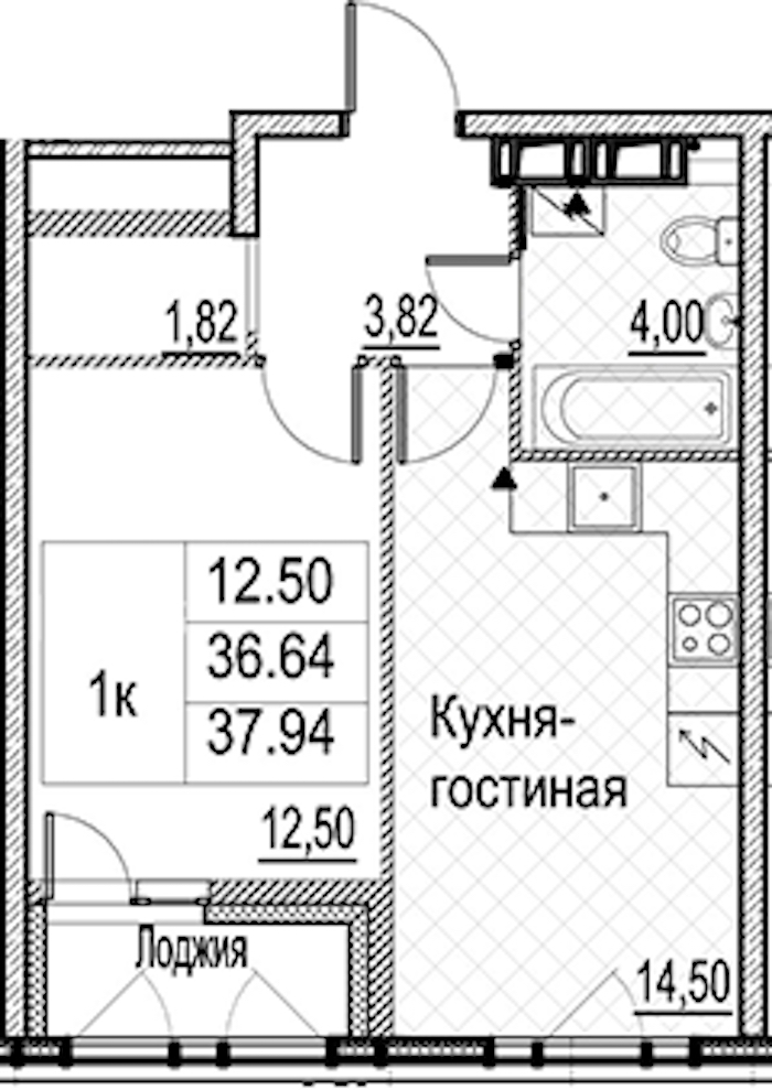 1-комнатная квартира 37.94 м², 12/15 эт., ЖК «Лайнеръ»
