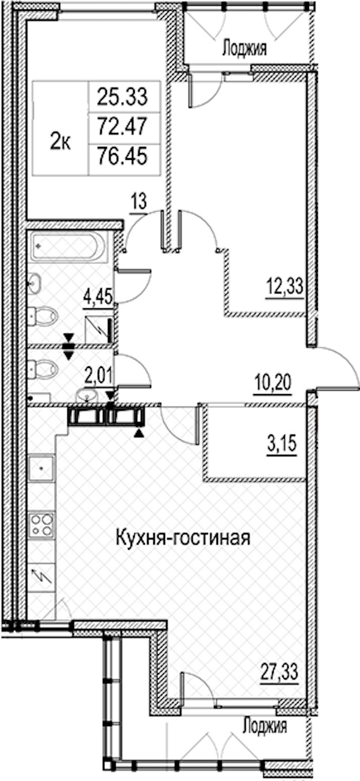 2-комнатная квартира 76.45 м², 12/15 эт., ЖК «Лайнеръ»