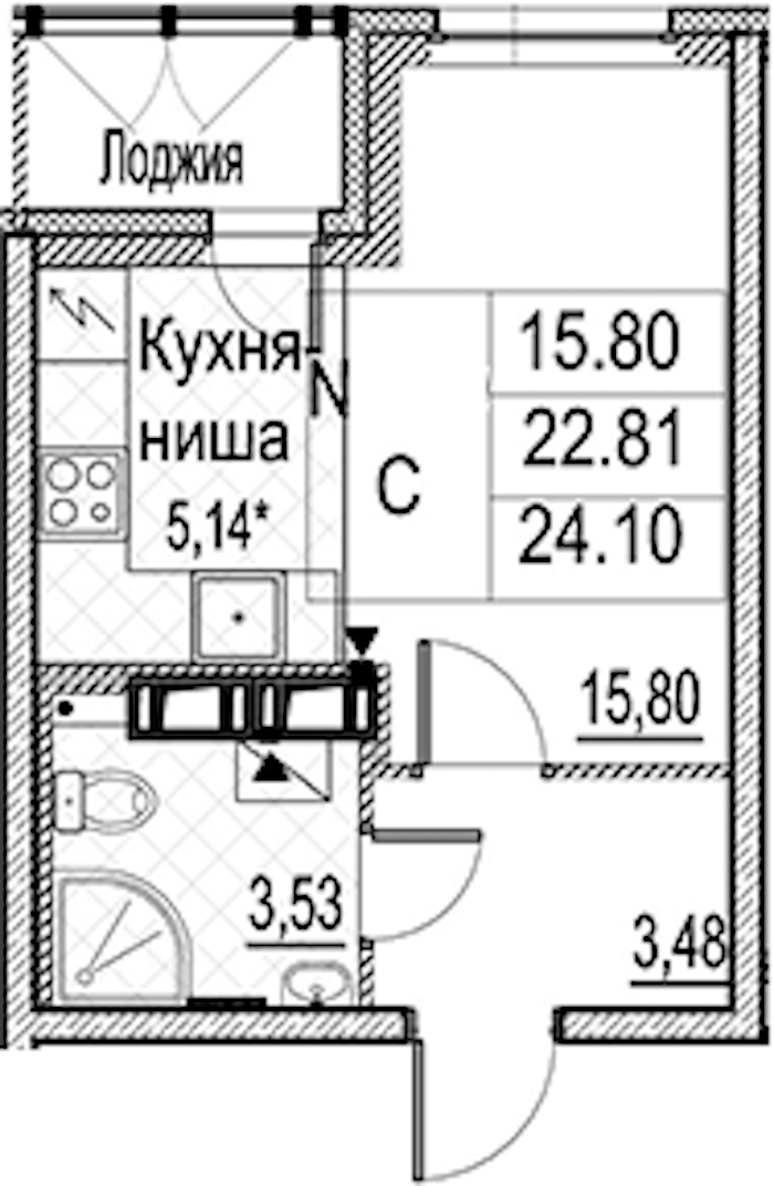 Квартира студия 24.1 м², 12/15 эт., ЖК «Лайнеръ»