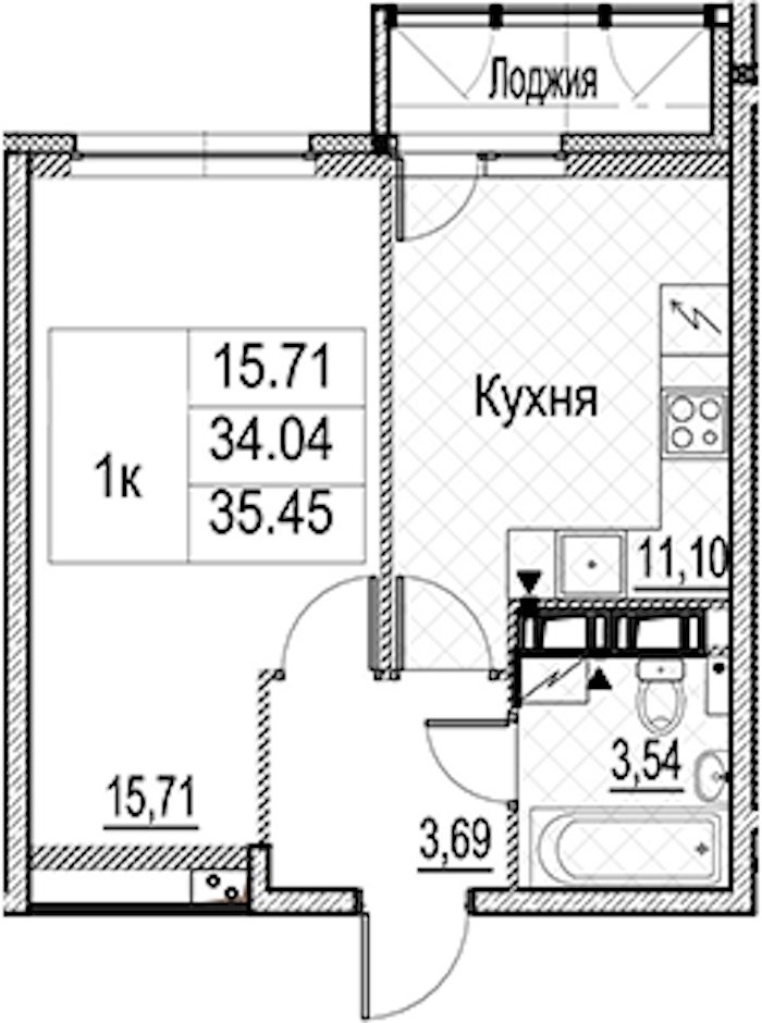 1-комнатная квартира 35.45 м², 12/15 эт., ЖК «Лайнеръ»