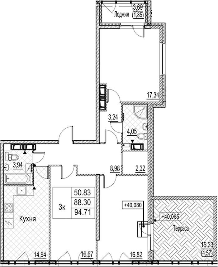 3-комнатная квартира 94.71 м², 13/15 эт., ЖК «Лайнеръ»