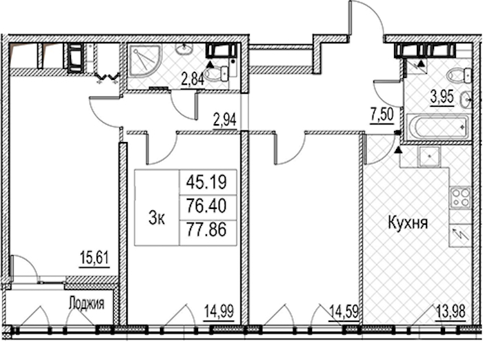 3-комнатная квартира 77.86 м², 13/15 эт., ЖК «Лайнеръ»