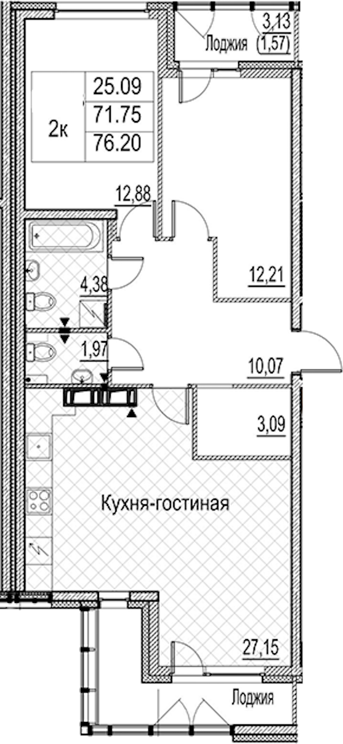 2-комнатная квартира 76.2 м², 13/15 эт., ЖК «Лайнеръ»