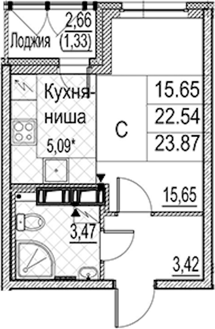 Квартира студия 23.87 м², 13/15 эт., ЖК «Лайнеръ»