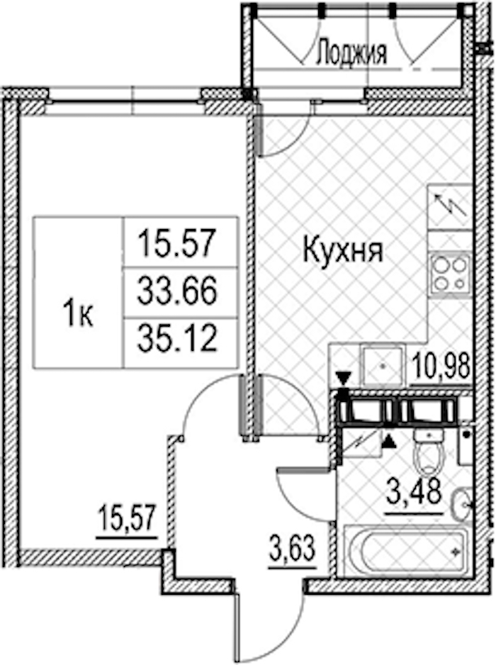 1-комнатная квартира 35.12 м², 13/15 эт., ЖК «Лайнеръ»