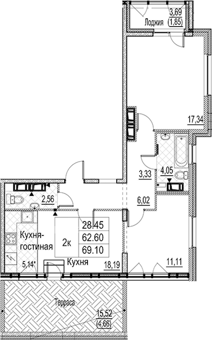2-комнатная квартира 69.1 м², 14/15 эт., ЖК «Лайнеръ»
