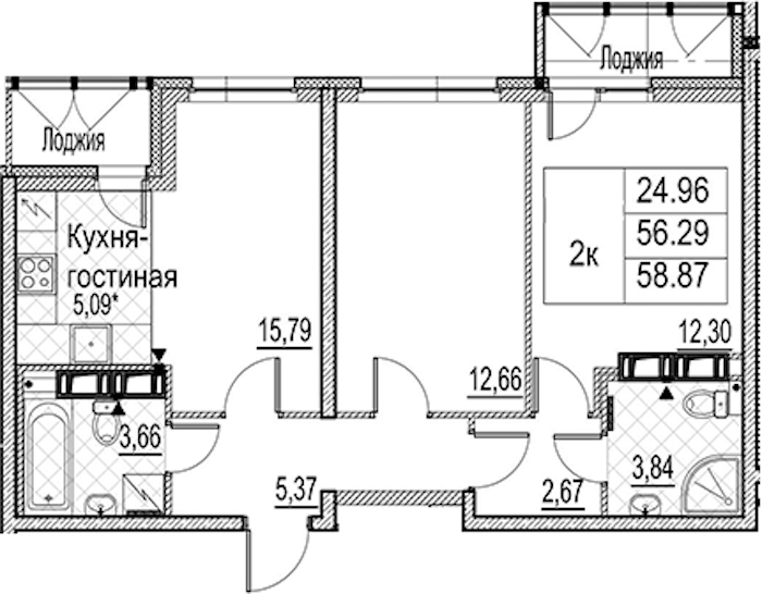 2-комнатная квартира 58.87 м², 14/15 эт., ЖК «Лайнеръ»