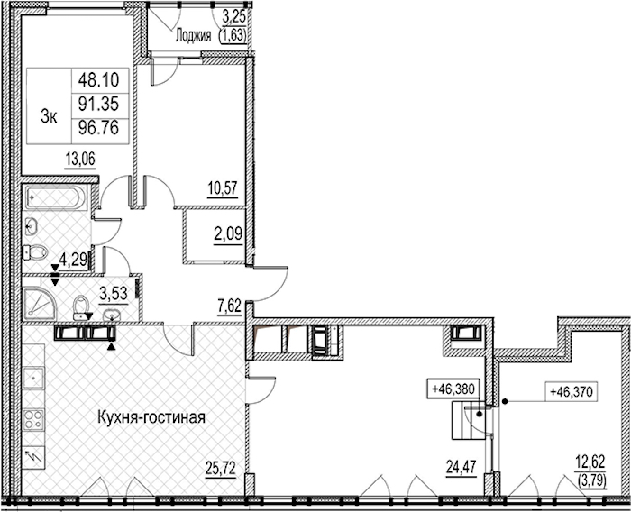 3-комнатная квартира 96.76 м², 15/15 эт., ЖК «Лайнеръ»