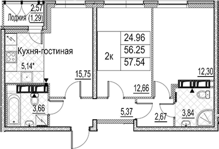 2-комнатная квартира 57.54 м², 15/15 эт., ЖК «Лайнеръ»