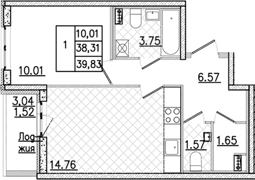 1-комнатная квартира 39.83 м², 1/9 эт., ЖК «Кинопарк»