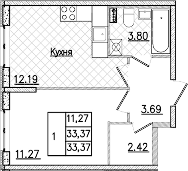 1-комнатная квартира 33.37 м², 1/9 эт., ЖК «Кинопарк»
