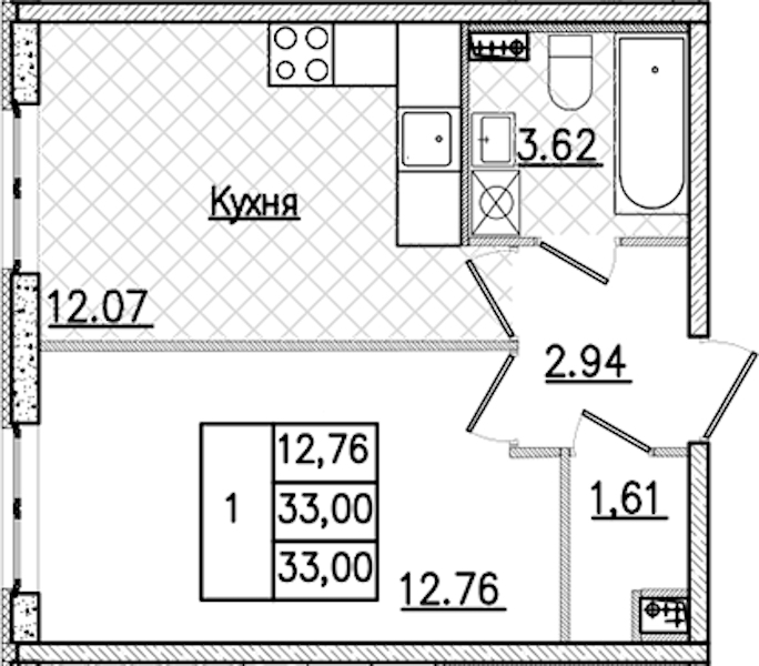 1-комнатная квартира 33 м², 1/9 эт., ЖК «Кинопарк»