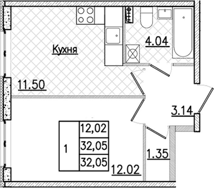 1-комнатная квартира 32.05 м², 1/9 эт., ЖК «Кинопарк»