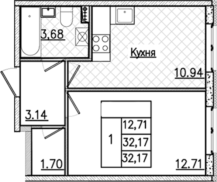 1-комнатная квартира 32.17 м², 2/9 эт., ЖК «Кинопарк»