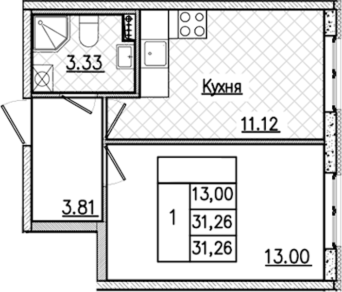 1-комнатная квартира 31.26 м², 2/9 эт., ЖК «Кинопарк»