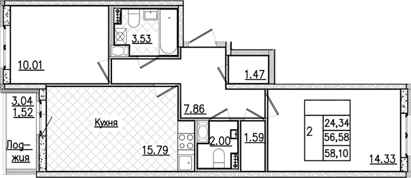 2-комнатная квартира 58.1 м², 2/9 эт., ЖК «Кинопарк»