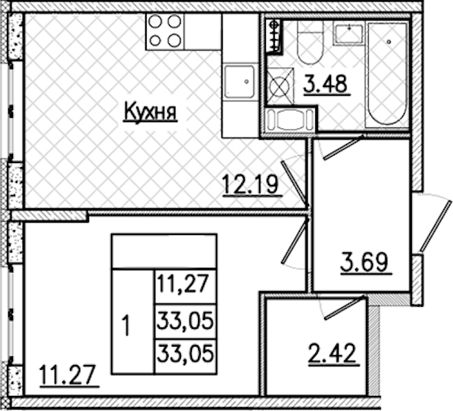 1-комнатная квартира 33.05 м², 2/9 эт., ЖК «Кинопарк»