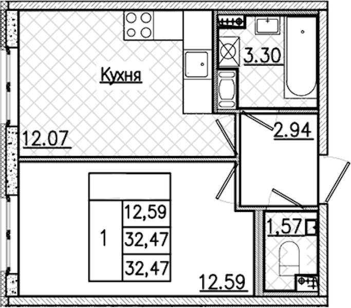 1-комнатная квартира 32.47 м², 2/9 эт., ЖК «Кинопарк»