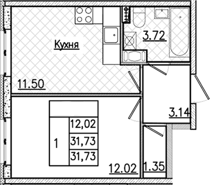 1-комнатная квартира 31.73 м², 2/9 эт., ЖК «Кинопарк»