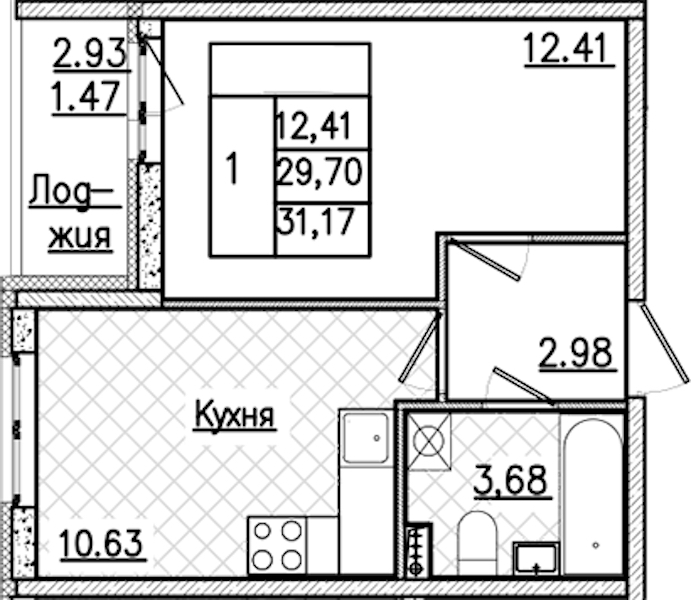 1-комнатная квартира 31.17 м², 2/9 эт., ЖК «Кинопарк»