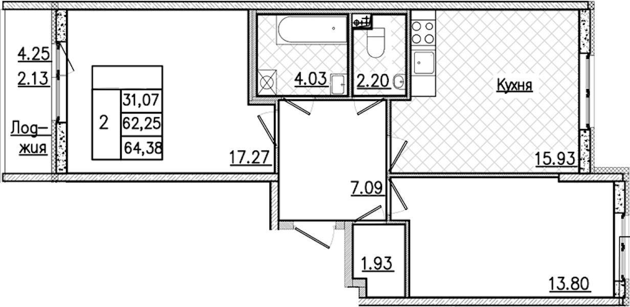 2-комнатная квартира 64.38 м², 2/9 эт., ЖК «Кинопарк»