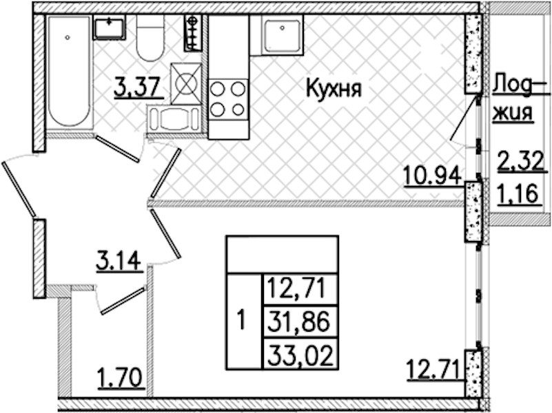 1-комнатная квартира 33.02 м², 3/9 эт., ЖК «Кинопарк»