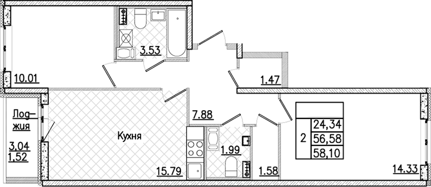 2-комнатная квартира 58.1 м², 3/9 эт., ЖК «Кинопарк»