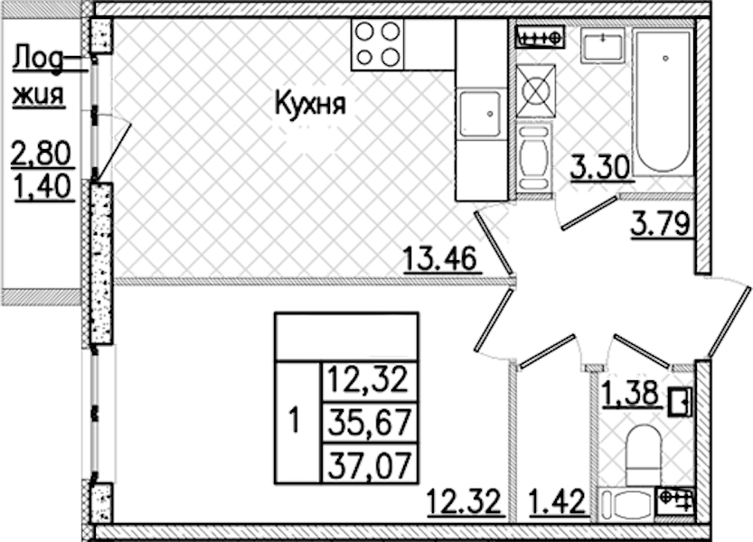 1-комнатная квартира 37.07 м², 3/9 эт., ЖК «Кинопарк»