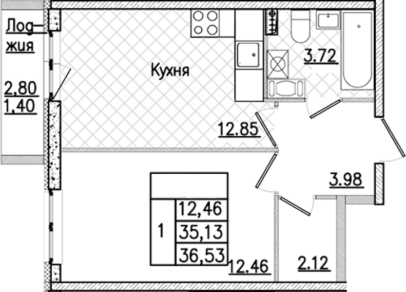 1-комнатная квартира 36.53 м², 3/9 эт., ЖК «Кинопарк»