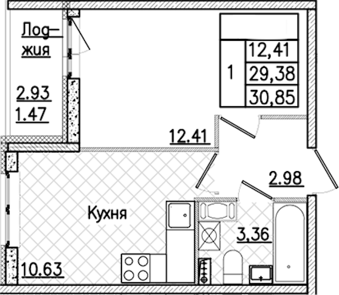 1-комнатная квартира 30.85 м², 3/9 эт., ЖК «Кинопарк»