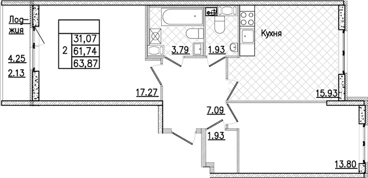 2-комнатная квартира 63.87 м², 3/9 эт., ЖК «Кинопарк»