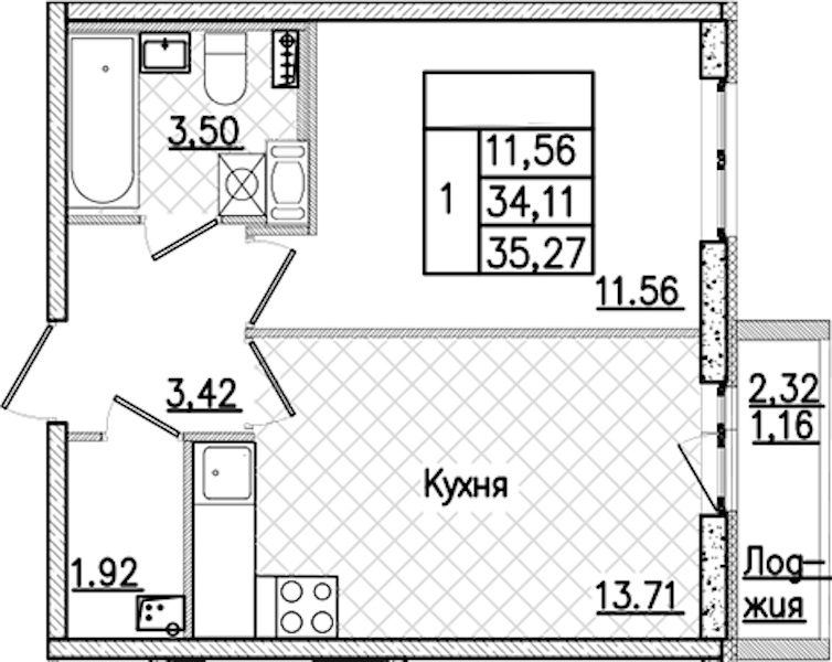 1-комнатная квартира 35.27 м², 3/9 эт., ЖК «Кинопарк»