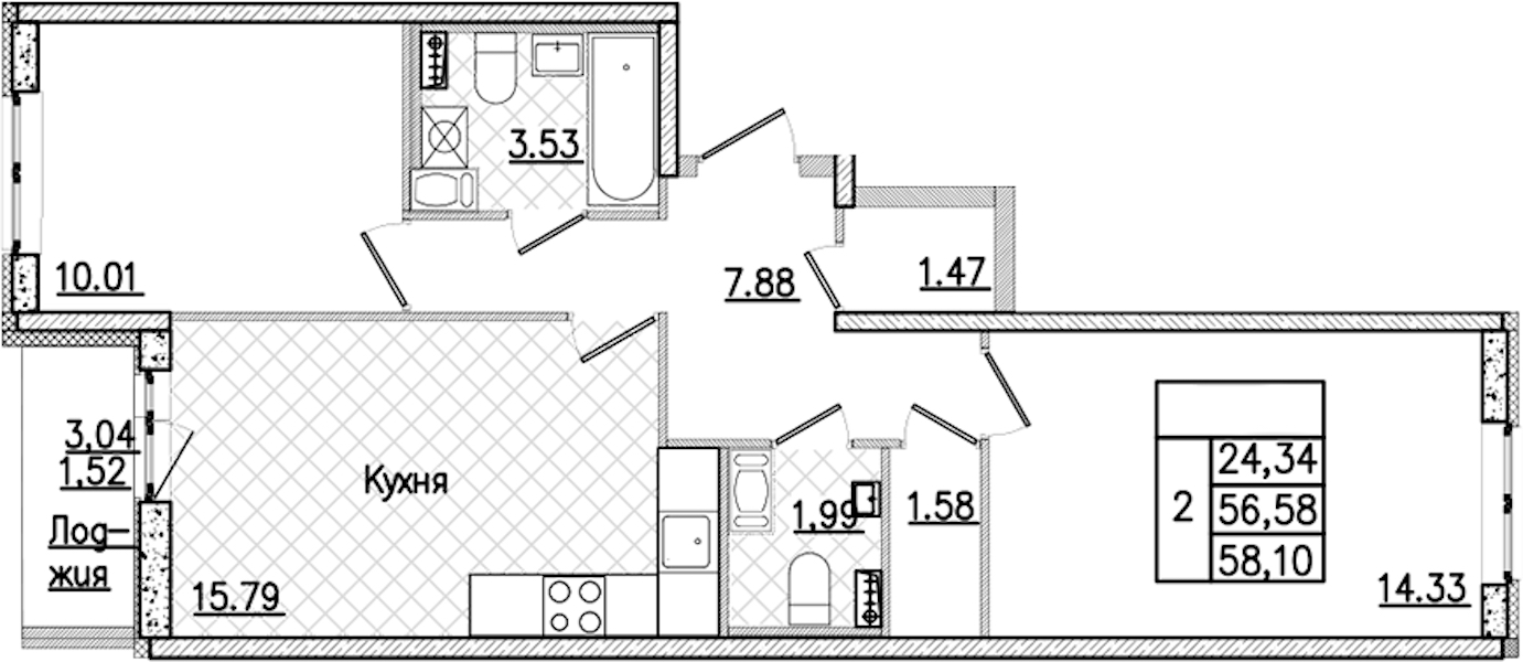 2-комнатная квартира 58.1 м², 4/9 эт., ЖК «Кинопарк»