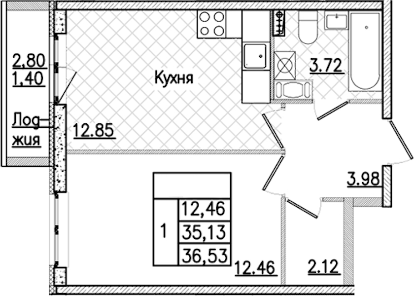 1-комнатная квартира 36.53 м², 4/9 эт., ЖК «Кинопарк»
