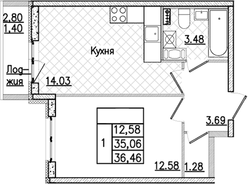 1-комнатная квартира 36.46 м², 6/9 эт., ЖК «Кинопарк»