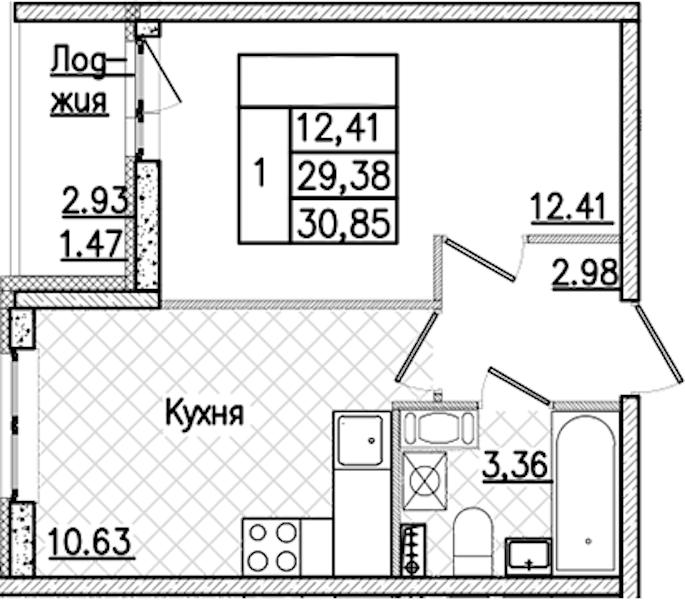 1-комнатная квартира 30.85 м², 6/9 эт., ЖК «Кинопарк»