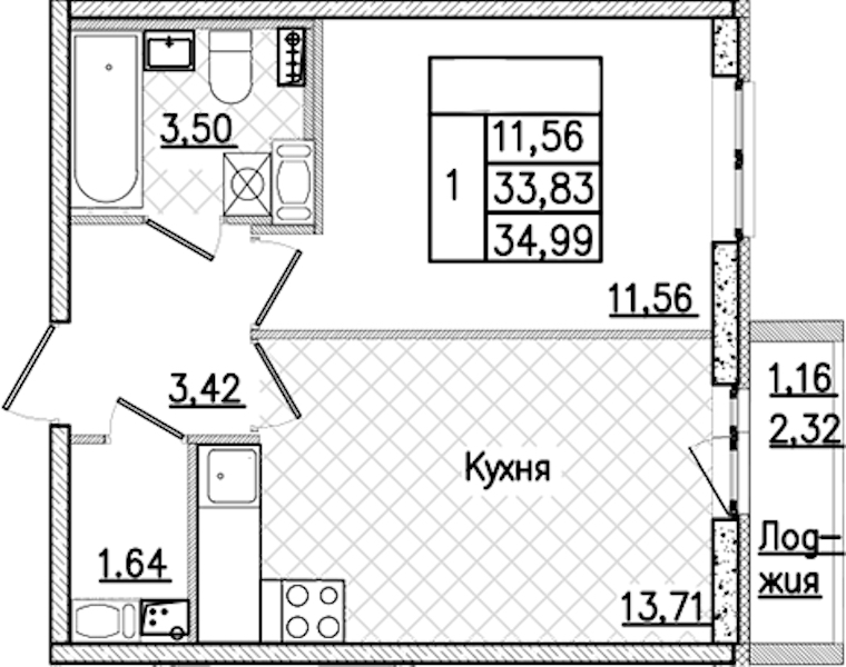 1-комнатная квартира 34.99 м², 6/9 эт., ЖК «Кинопарк»