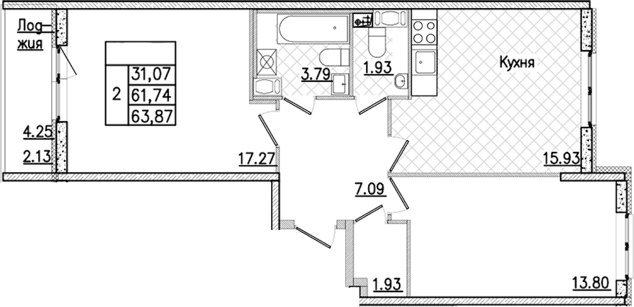 2-комнатная квартира 63.87 м², 7/9 эт., ЖК «Кинопарк»