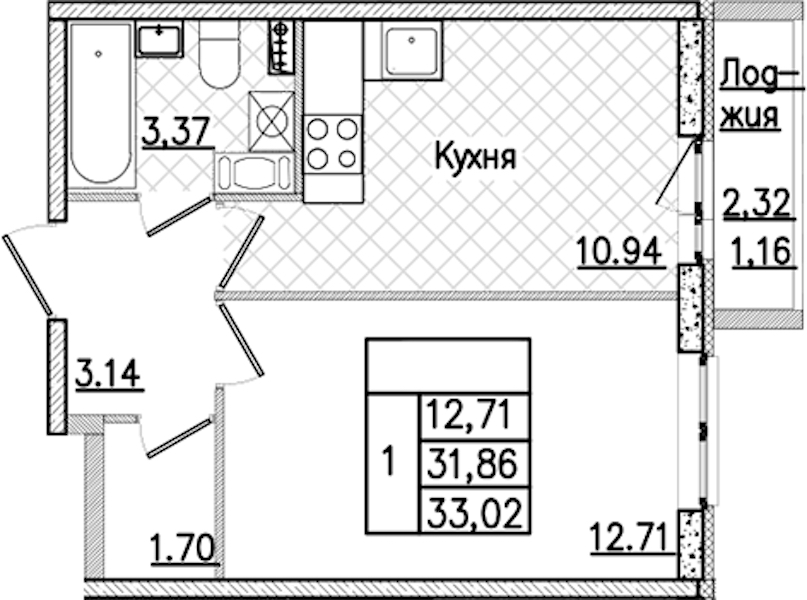 1-комнатная квартира 33.02 м², 8/9 эт., ЖК «Кинопарк»