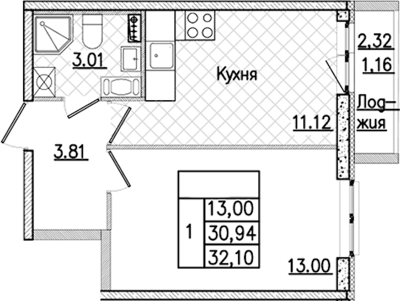 1-комнатная квартира 32.1 м², 9/9 эт., ЖК «Кинопарк»